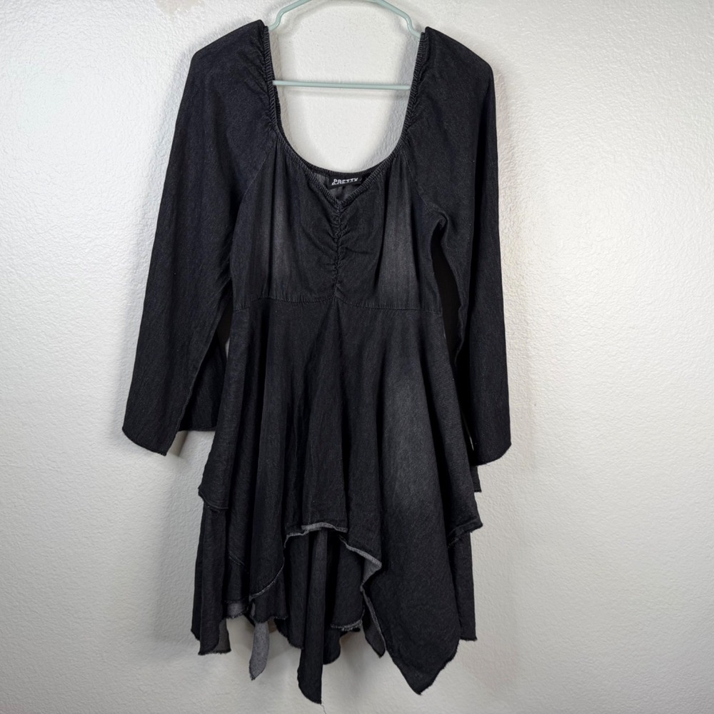 Pretty Damage Women's Dress Black Denim Sz L Babydoll Asymmetrical Grunge Witchy